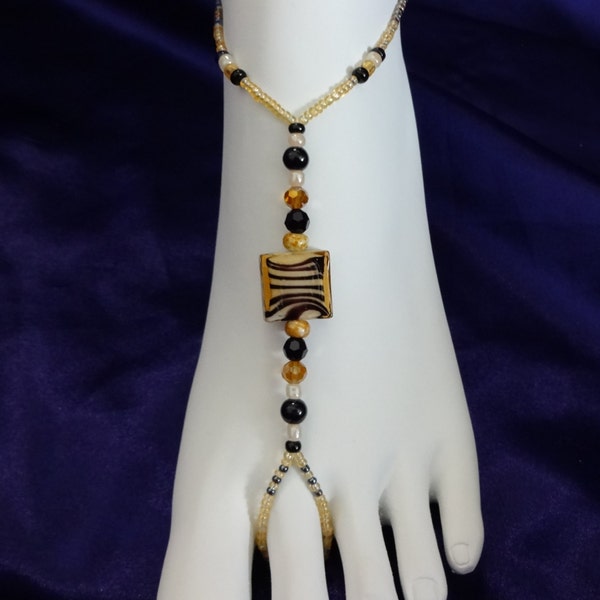 Tiger Stripe Full Foot Jewelry, Anklet with attached Toe Ring