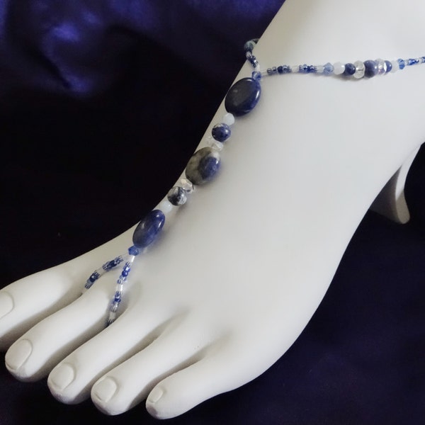 Full Foot Jewelry, Anklet attached to Toe Ring, with Healing Sodalite