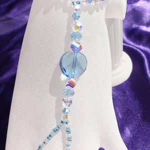 Swarovski Crystal Full Hand Jewelry, Bracelet with Ring Attached, Aquamarine and Clear AB Crystal