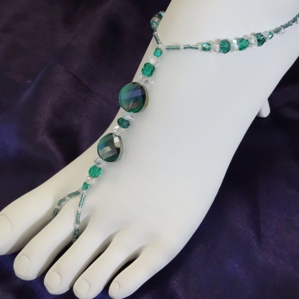 Foot Jewelry, Anklet with Toe Ring Attached, Teal and Clear Faceted Glass with Rainbow Sheen