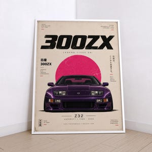 Op de afbeelding: Een verticale poster met een paarse Nissan 300ZX sportwagen gecentreerd onder een grote roze cirkel. De tekst 300ZX staat in dikke zwarte letters bovenaan. De tekst bevat Nissan, Z32 en Japanse karakters op een beige achtergrond.