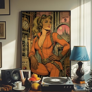 Peut inclure: Une affiche encadrée représentant une illustration de style bande dessinée d'une personne en combinaison orange avec des lunettes, devant des tuyaux industriels et un panneau SECTOR 9. L'œuvre montre une horloge, une ville et le texte XR-7 DELTA.