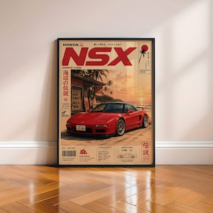 Puede incluir: Un póster enmarcado que muestra un coche deportivo Honda NSX rojo aparcado en una playa de arena al atardecer. El diseño incluye el texto HONDA NSX, caracteres japoneses, especificaciones técnicas y palmeras en el fondo.