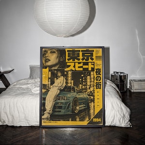May include: A rectangular poster featuring a yellow and black graphic design with a person leaning against a teal sports car. The text includes Japanese characters and the words Tokyo Speed Night City and 1994. The artwork has a high-contrast aesthetic.