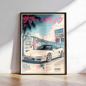 Könnte beinhalten: Ein gerahmtes Poster mit einem weißen Acura NSX, der an einer Küstenstraße neben einem Verkaufsautomaten und einem rosa Surfbrett geparkt ist. Das Bild enthält japanischen Text, den Titel Summer Drive und technische Daten des Automodells.