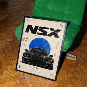 May include: A framed poster featuring a black Honda NSX NA1 car illustration centered below a large blue circle. The text reads NSX, LEGEND LIVES ON, HONDA NSX, NA1 1990-2005, and Japanese characters. The design includes a cream background with black accents.