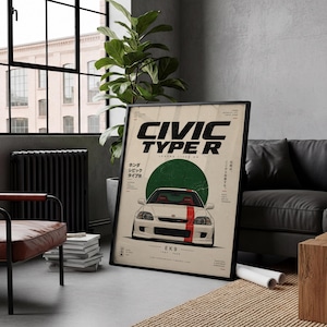 Könnte beinhalten: Ein gerahmtes Poster mit einem weißen Honda Civic Type R EK9 Auto mit rotem Rennstreifen. Das Design enthält den Text CIVIC TYPE R, japanische Schriftzeichen und technische Daten auf einem cremefarbenen Hintergrund mit einem großen grünen Kreis.