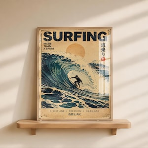 Peut inclure: Une affiche rectangulaire représentant un surfeur chevauchant une grande vague bleue. Le texte indique SURFING MORE THAN A SPORT, DISCIPLINE FREEDOM HARMONY, et des caractères japonais. Un soleil et le mont Fuji apparaissent sur un fond crème.