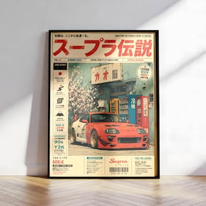 Puede incluir: Un póster enmarcado que muestra un Toyota Supra MK4 rojo estacionado frente a un edificio con una máquina expendedora y flores de cerezo. El texto incluye "SUPRA", "JDM SPIRIT" y "LEGEND NEVER DIES" junto con especificaciones técnicas y caracteres japoneses.