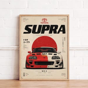 May include: A vertical poster featuring a Toyota Supra MK4 in a split red and white colour scheme. The design includes the text SUPRA, the Toyota logo, a large red circle, and Japanese characters. The background is a light beige with black text.