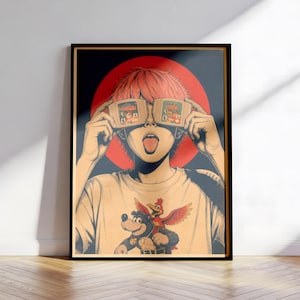 Könnte beinhalten: Ein gerahmtes Poster, das eine Person mit rötlichem Haar zeigt, die zwei Videospielkassetten vor ihre Augen hält. Die Person trägt ein T-Shirt mit einem Bären- und Vogelmotiv. Ein großer roter Kreis befindet sich hinter dem Kopf auf dunklem Grund.