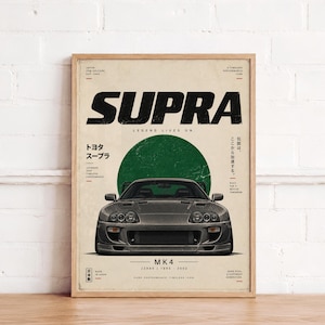Könnte beinhalten: Ein gerahmtes Poster mit einem grauen Toyota Supra MK4, zentriert unter einem großen grünen Kreis. Der Text lautet SUPRA, LEGEND LIVES ON, MK4, JZA80, 1993-2002 und enthält japanische Schriftzeichen. Das Design hat einen cremefarbenen Hintergrund.