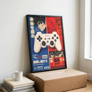 Op de afbeelding: Een ingelijste verticale poster met een gespleten blauwe en rode achtergrond en een witte videogamecontroller in het midden. Het ontwerp bevat Japanse tekst, een illustratie van een manga-personage en de woorden LEVEL UP, PLAYER 1 en RINTS.