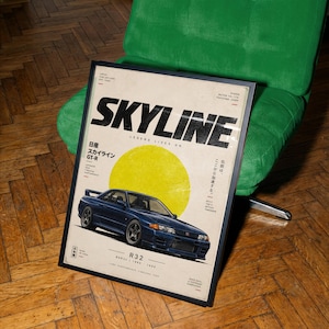 Blå japansk racerbilsaffisch, 90-tals JDM-väggkonst, retro Performance Coupé-tryck, minimalistisk motorsportgaragedekor