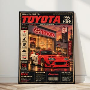 Puede incluir: Un póster vertical que muestra un coche deportivo Toyota Supra rojo aparcado frente a un concesionario Toyota al atardecer. El diseño imita una portada de revista con el texto rojo TOYOTA, especificaciones técnicas y texto en japonés.