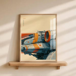 May include: A framed art print featuring a detailed illustration of a futuristic spacecraft in shades of blue and orange. The design includes a prominent circular engine intake, mechanical paneling, and Japanese text characters in the upper left corner.