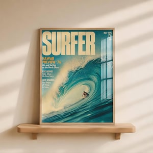 Könnte beinhalten: Ein Vintage-Cover des Surfer-Magazins vom Mai 1976 mit einer großen blauen Meereswelle und einem Surfer in der Tube. Der Text lautet SURFER, HAWAII PREVIEW '76, Life and Surfing on the North Shore, EXCLUSIVE! Eddie Aikau—His Own Story und HOT BOARDS.