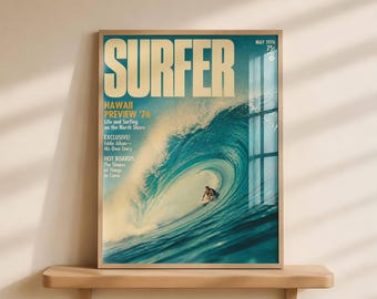 May include: A vintage Surfer magazine cover from May 1976 featuring a large blue ocean wave with a surfer riding inside the barrel. The text reads SURFER, HAWAII PREVIEW '76, Life and Surfing on the North Shore, EXCLUSIVE! Eddie Aikau—His Own Story, and HOT BOARDS.