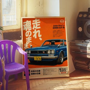May include: A rectangular poster featuring a blue Nissan Skyline 2000 GT-R car on an orange background. The poster includes Japanese text, the Nissan logo, and technical specifications. The car has a yellow license plate reading 19-70.