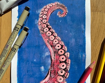 Tentakel - Original A5 Unikat, Monoprint Mixed Media, Acryl auf Papier, Mischtechnik von Hand bemalt.