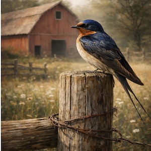 Könnte beinhalten: Detaillierte Malerei einer Rauchschwalbe, die auf einem verwitterten Holzpfosten sitzt. Der Vogel hat ein blaues, orangefarbenes und weißes Gefieder. Eine rote Scheune und ein Holzzaun befinden sich im Hintergrund, mit einem Feld voller Wildblumen.