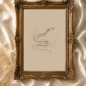 Puede incluir: Una pieza de arte mural rectangular que presenta un dibujo de línea en tinta negra de una serpiente enroscada sobre un fondo beige sólido, encerrada en un marco dorado ornamentado de estilo antiguo con detalles florales y volutas.