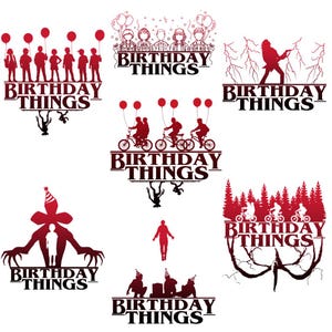Könnte beinhalten: Rote und schwarze Silhouette-Designs mit dem Text "BIRTHDAY THINGS". Die Designs umfassen Figuren mit Luftballons, Personen auf Fahrrädern und andere thematische Illustrationen. Perfekt für Geburtstagsdekorationen.