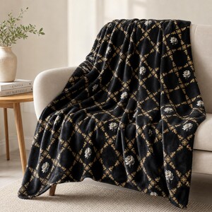 Velveteen Blanket Black Throw Blanket Plush Throw Luxury Home Decor Cozy Living Room Geometric Floral Pattern Gift Men Reading Chair Soft