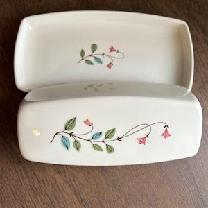 Vintage, white/creme 1950s Franciscan Winsome floral pattern ceramic MCM butter dish, in mint condition for a midcentury kitchen decor style