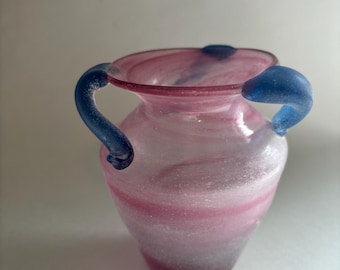 Vintage, Murano mid-century pink and blue pastel hand-blown Italian glass vase, with a Scavo finish and 3 decorative, applied blue handles