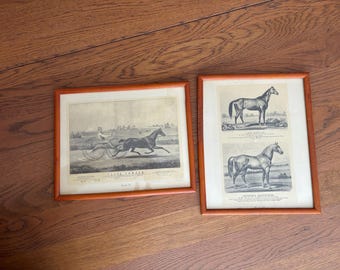Pair of vintage lithograph reproductions of Currier and Ives horse racing scenes in brown frames for historical horse/equine wall art