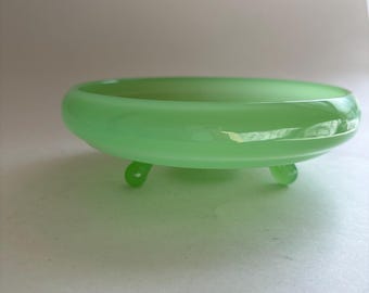 Jadeite, 1930's Fenton vintage/antique round three footed bowl, with a lovely green color for classic, depression glass home decor.