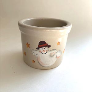 Halloween, Roseville pottery, small hand-painted ghost and stars crock/container for candy or small storage for Fall/autumn decor
