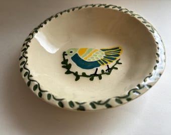 Small, vintage decorative bird signed studio pottery dish/bowl for jewelry, trinkets or catch-all items with a hand painted nature motif.