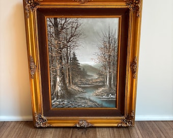 Vintage oil painting signed by La Bonte of a landscape scene, with ornate gold professional frame and paperwork on back for authenticity.