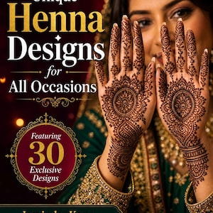 May include: A book cover titled Unique Henna Designs for All Occasions featuring 30 Exclusive Designs by Jasvinder Kaur of HennaKart. The cover displays hands adorned with intricate dark brown henna patterns, showcasing detailed floral and geometric motifs.