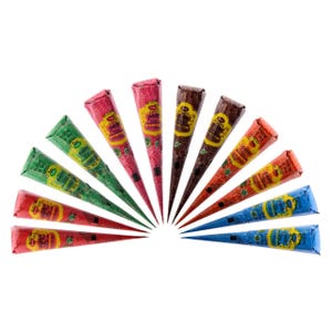 May include: A collection of henna cones in various colors, including green, red, pink, brown, orange, and blue. Each cone has a yellow label with text. The cones are arranged in a fan shape against a white background.