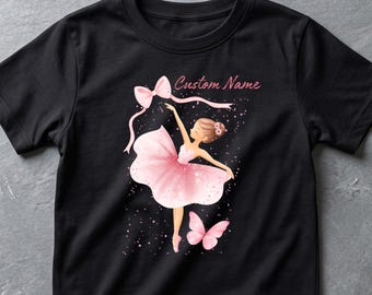 Custom Name Ballerina Shirt, Personalized Ballet Dancer Tee, Pink Butterfly Dance Recital Gift, Toddler Ballerina Outfit