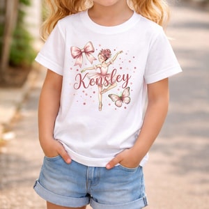 Custom Name Ballerina Tee, Personalized Ballet Dancer Graphic Shirt, Pink Bow Butterfly Dance Recital Outfit, Coquette Aesthetic Top
