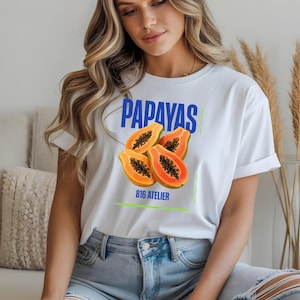 Papayas Graphic Tee, Tropical Fruit Art Shirt, Modern Minimalist Foodie Apparel, Vibrant Summer Aesthetic Top, 816 Atelier Design
