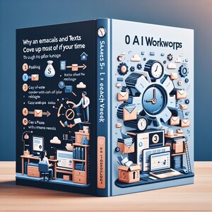 Op de afbeelding: Een 3D-illustratie van een boek getiteld "O AI Workworps" met de tekst "SAAEES 5+ L + each Veeek" op de rug. De omslag toont diagrammen, klokken, enveloppen en een persoon die op een computer werkt. De achterkant bevat tekst over tijdbesparing.
