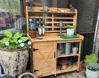 Outdoor Potting Bench Wooden Garden Workstation Table with Storage Cabinet & Shelves, Gardening Work Bench, Patio Planting Table