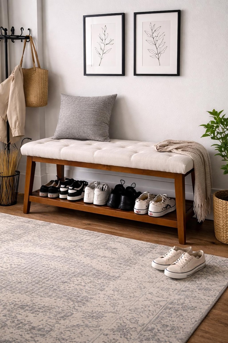 May include: A wooden shoe bench with a cream-colored, tufted cushion and a lower shelf filled with shoes. A gray pillow and a folded blanket rest on the bench. Two framed botanical prints hang on the white wall above the bench. A pair of sneakers sits on the rug.