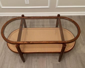 Rattan Coffee Table with Glass Top, Wood Coffee Table, 2 Tier Center Table with Storage Shelf, Living Room Table, Modern Farmhouse Tea Table