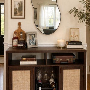 Coffee Bar Cabinet Rattan Sideboard Buffet Storage Wine Rack Bar Cart Console Table Farmhouse Coffee Station Entryway Cabinet