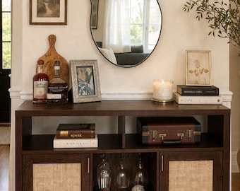 Coffee Bar Cabinet Rattan Sideboard Buffet Storage Wine Rack Bar Cart Console Table Farmhouse Coffee Station Entryway Cabinet
