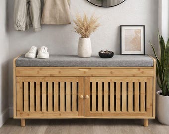 Bamboo Shoe Storage Bench with Cushion, Entryway Bench with 2 Doors & Hidden Compartment, Modern 2 Tier Shoe Rack Cabinet