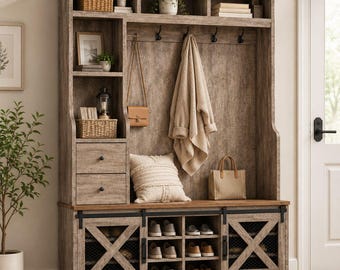 Entryway Hall Tree with Shoe Storage, Coat Rack Bench with Drawers, Mudroom Storage Cabinet with Barn Door Organizer