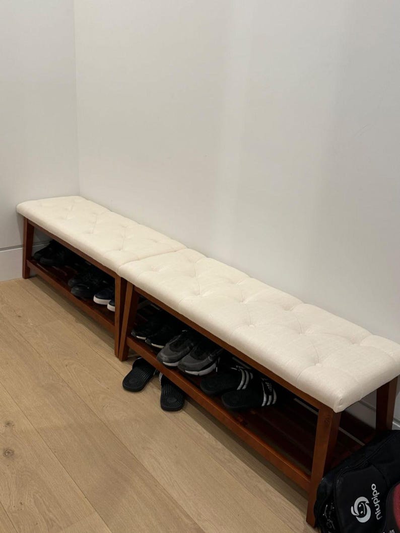 Button Tufted Bench for Entryway, Bedroom End of Bed Bench, Dining Bench with Cushion Seat, Wooden Leg Bench with Storage Shelf image 7
