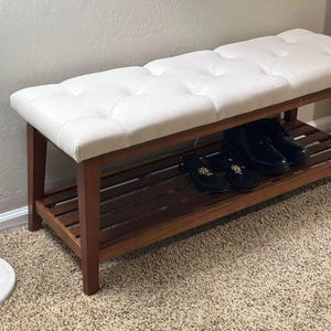 Button Tufted Bench for Entryway, Bedroom End of Bed Bench, Dining Bench with Cushion Seat, Wooden Leg Bench with Storage Shelf image 4